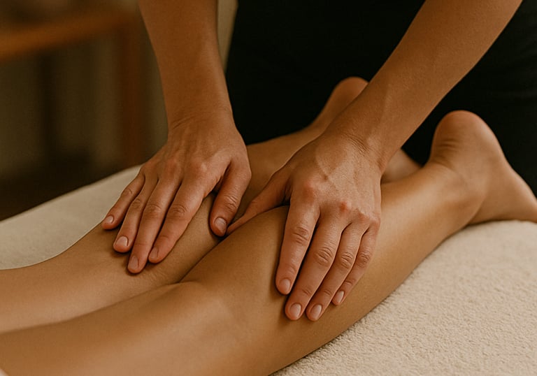 a woman in a massage room her legs massaged to improve circulation to help with menopause symptoms