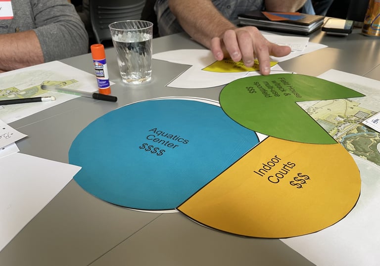 a man sitting at a table with a pie chart