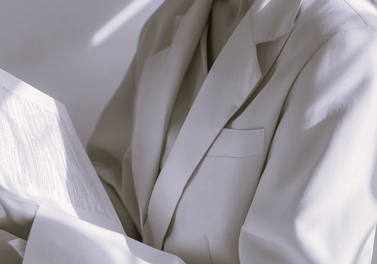 A woman in a cream-colored blazer, seated at a minimalist desk, reading a document.