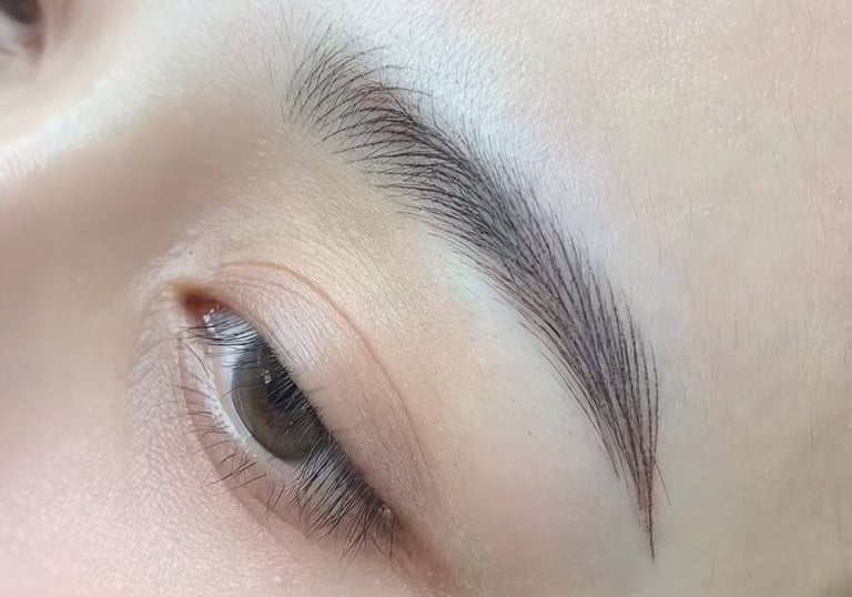 Close-up of perfectly healed nano brows with crisp, realistic hair strokes.