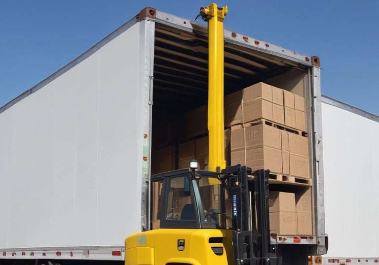 A freight train with a locomotive painted in white, orange, and blue, pulling a cargo container. The train is on a set of railway tracks with electric lines overhead and some industrial elements in the background. A few cables and parts of a motorcycle are visible in the foreground.