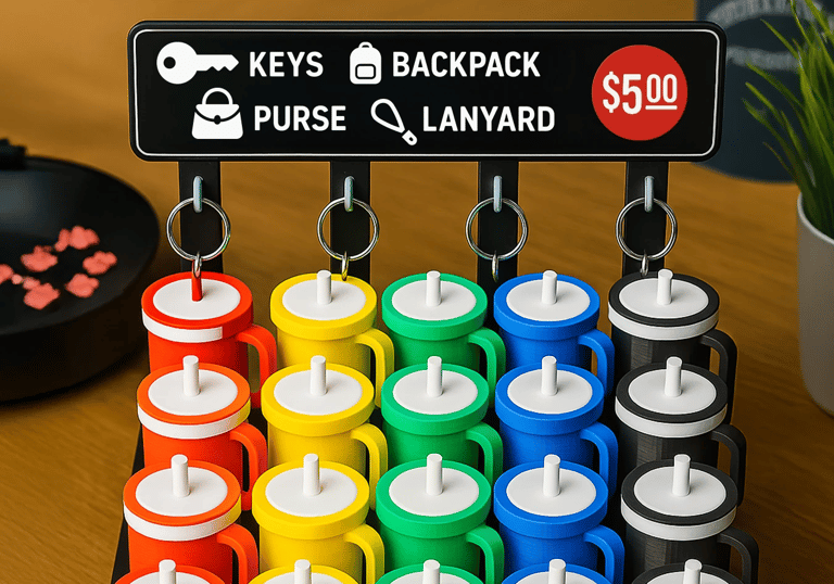 Mini 3D printed tumblers as keychains on retail display. Custom merch idea for local businesses.