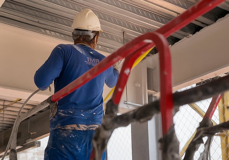 Homem aplicando pintura intumescente em estrutura metálica