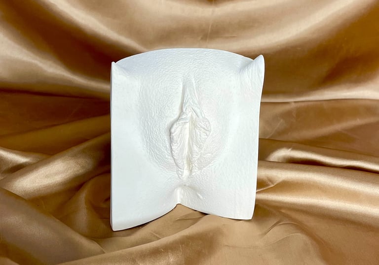 Vulve en plâtre sur fond doré