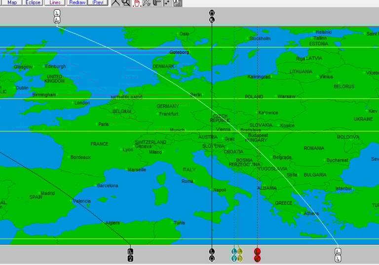 software screen shot showing a map of Europe with astrocartography lines