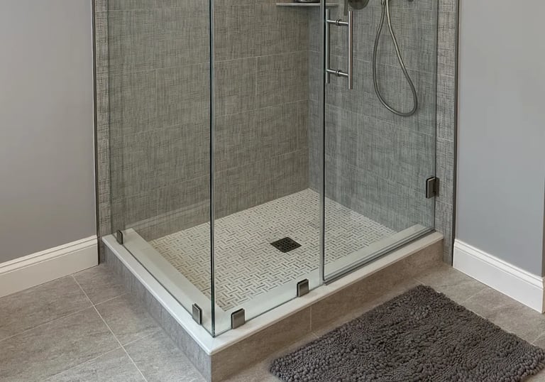 Modern walk-in shower with glass panels, stainless steel fixtures, and mosaic tile floor