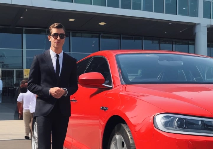 A sleek black car parked outside a London airport terminal with a driver holding a welcome sign.