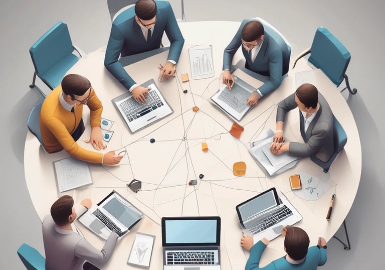 A diverse group of professionals collaborating around a conference table with laptops and documents.