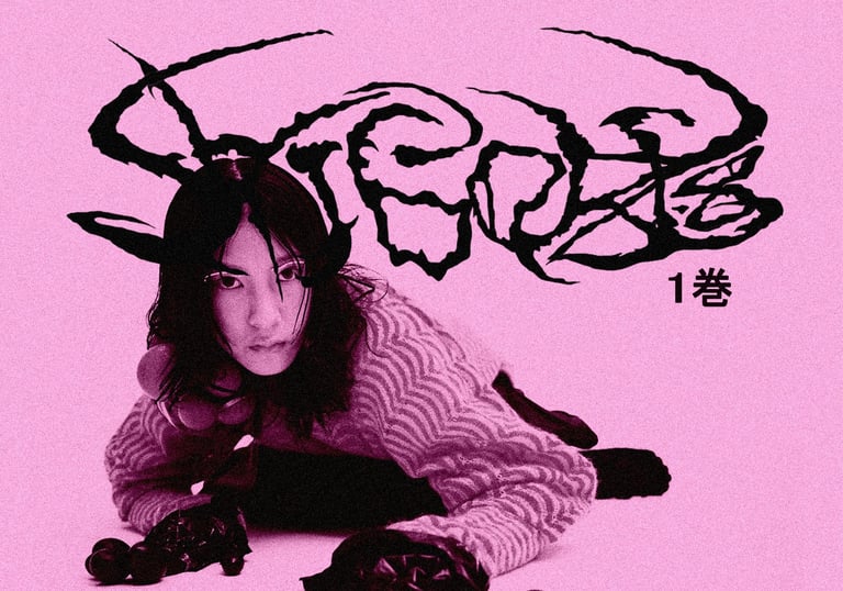 a woman laying on the ground with a pink background