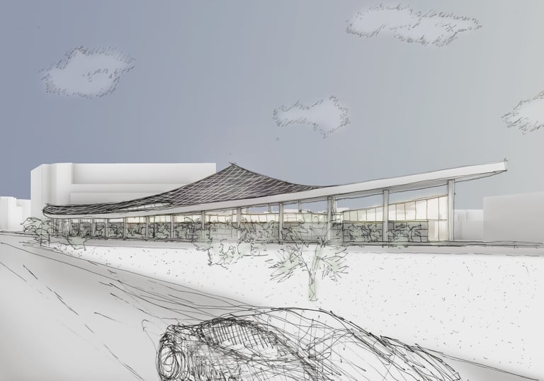 a sketch of a car and a building