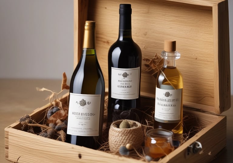 a basket of wine, olive oil and honey