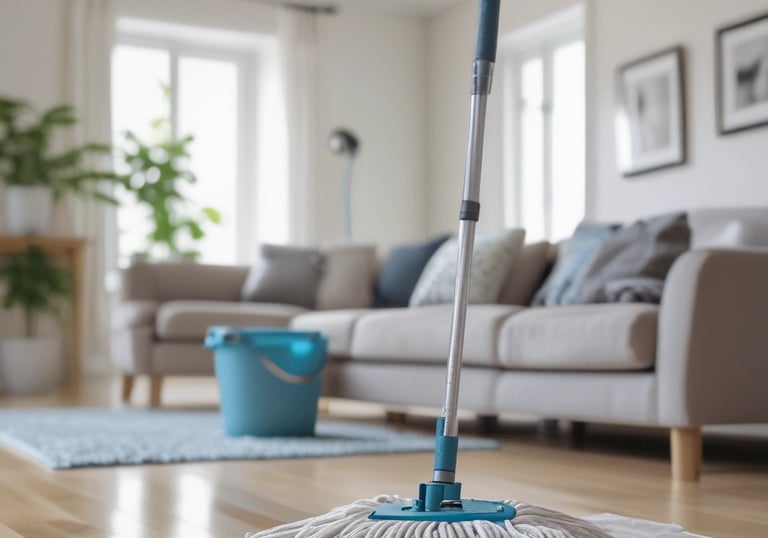 Close-up of cleaning tools and supplies arranged neatly on a beige cloth.