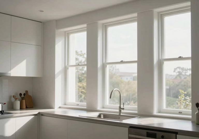 Bright morning light flooding through high-quality white windows into a modern, minimalist kitchen area.