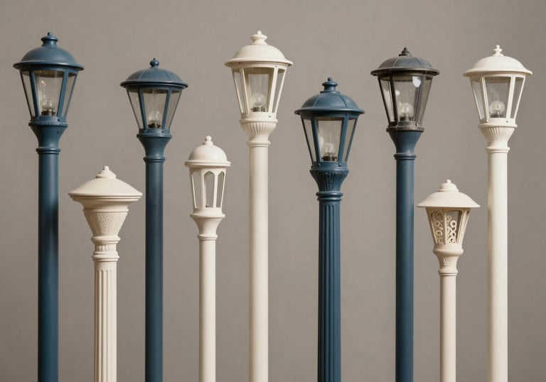 A commercial photograph displaying a variety of decorative light pole tops in a studio setting, showcasing different architectural styles in Slate Blue and Off-White.