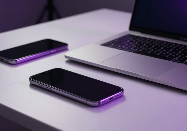 A close-up shot of a clean, minimalist workstation with a sleek laptop and a smartphone, highlighting sophisticated purple accent lighting.