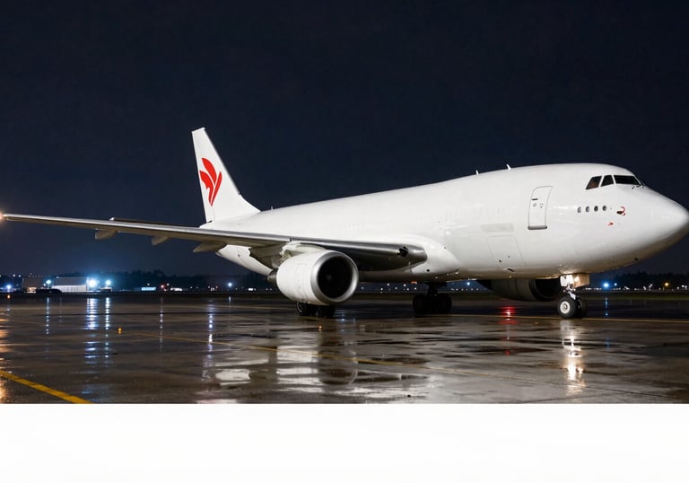 A sleek cargo aircraft on a wet tarmac at night, reflecting the deep navy sky and bright runway lights.