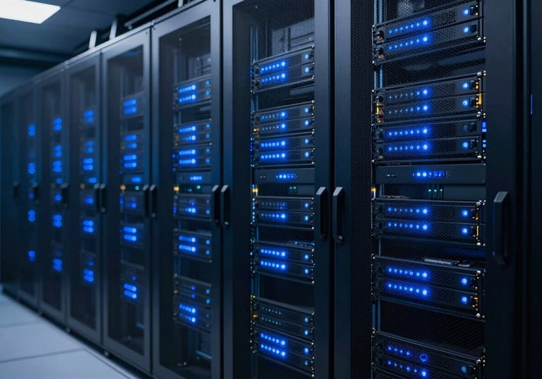 An orderly, modern server room with glowing blue status lights, symbolizing secure infrastructure and reliable technology, dark blue environment.