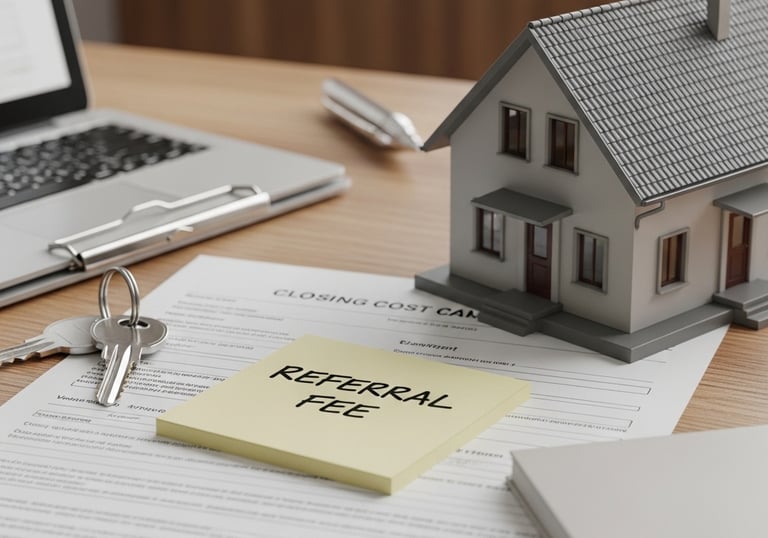 House model, keys, and closing cost documents with a note labeled referral fee on a desk