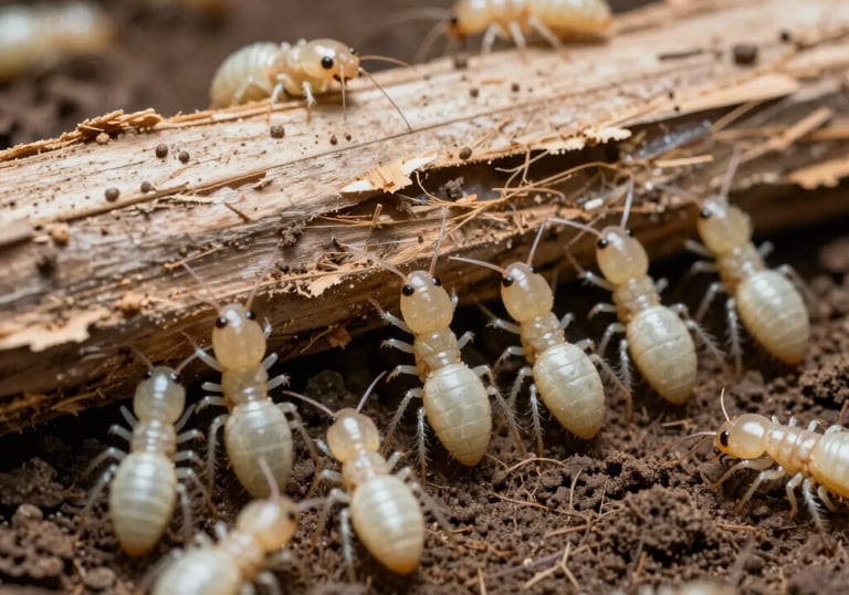 Close-up of a termite colony on wooden surface showing damage.