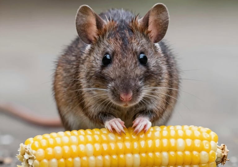 A small brown field mouse eating a fresh yellow corn on the cob outdoors.