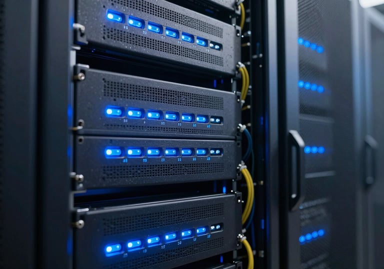 A sleek, high-tech server room with glowing blue LED lights and organized cables, representing secure data privacy.