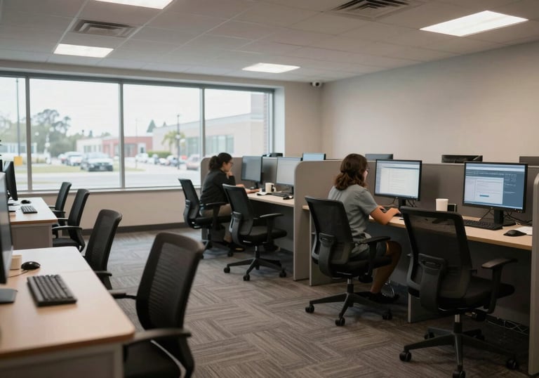 A spacious and airy modern contact center in North America with ergonomic seating, large windows, and a calm, focused professional atmosphere.