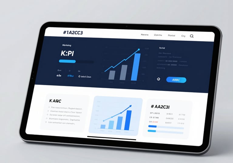 A clean, ultra-modern digital dashboard displaying various marketing KPIs and upward growth arrows on a tablet. The interface is elegant and minimal, utilizing #1A2C3D and #A7BBCB for a professional tech aesthetic.