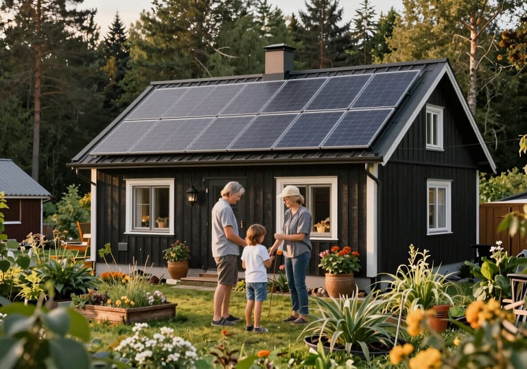 A family enjoying their garden in a Northern European / Baltic home with visible solar panels on the roof. The lighting is soft and warm. Focus on a sustainable lifestyle, with forest green and warm gold colors.