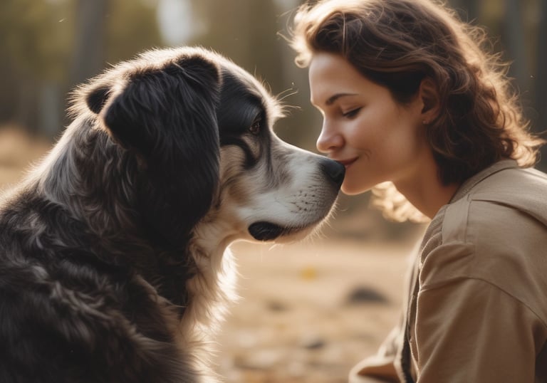 A cozy home setup showing a person attentively practicing animal communication with a curious dog beside them.
