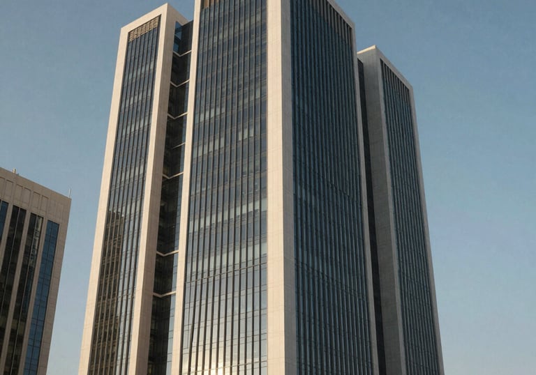 Modern minimalist corporate architecture in Ras Al Khaimah, clean lines of a business center under a clear sky, symbolizing growth and stability.