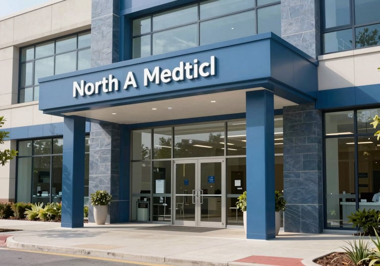 The sleek, professional entrance of a modern North American medical center, daytime lighting, slate blue architectural details, welcoming atmosphere.