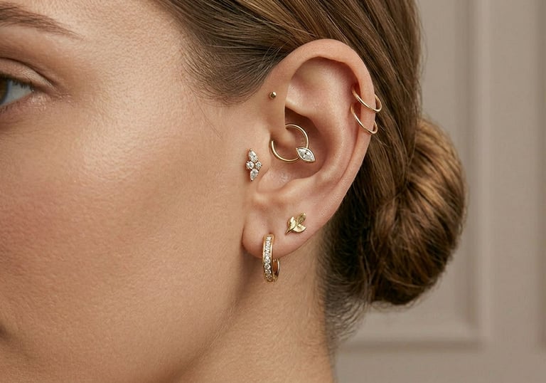 אוזן מעוצבת בסגנון יוקרתי עם חישוקי סחוס מזהב, יהלומים ועגיל בעיצוב עלה