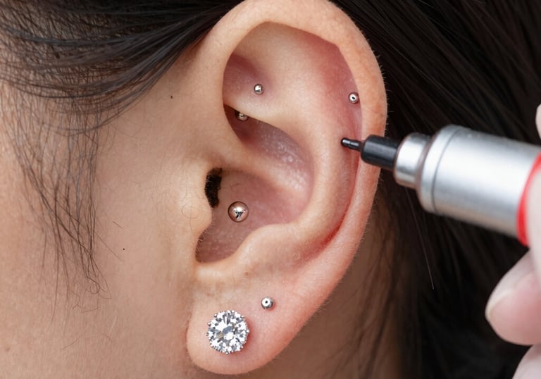 תהליך ניקוב אוזן מקצועי עם עגילי סחוס ותכשיט יהלום בתנוך בסביבה סטרילית