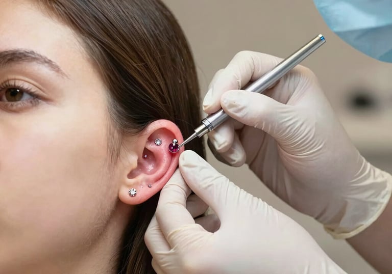 פירסר מקצועי עם כפפות מבצע פירסינג פלאט באוזן באמצעות מחט