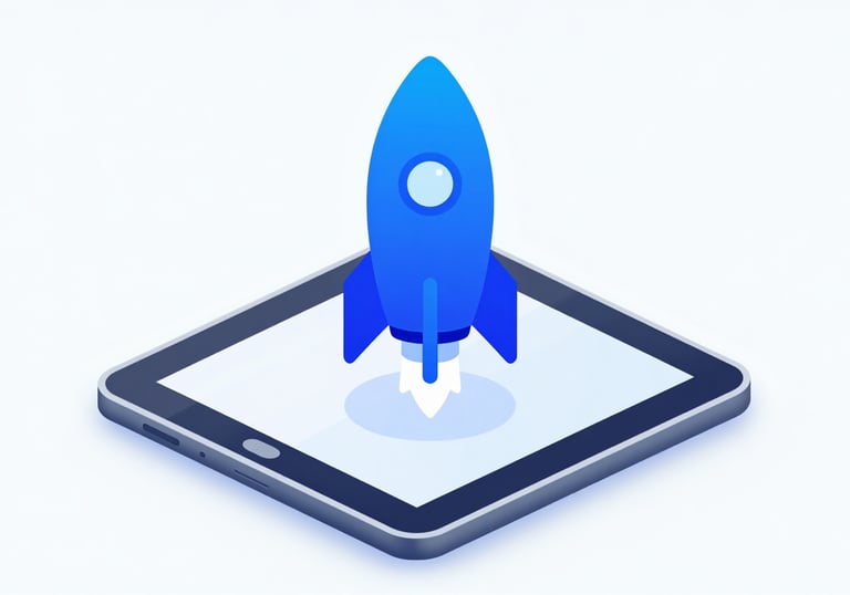 A 3D isometric icon of a rocket launching from a digital tablet, utilizing the brand's #725DF0 and #3C306D gradients, representing business growth and digital deployment on a light background.