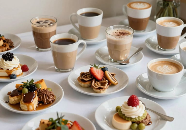A group of friends enjoying coffee together at a wooden table in a modern cafe.