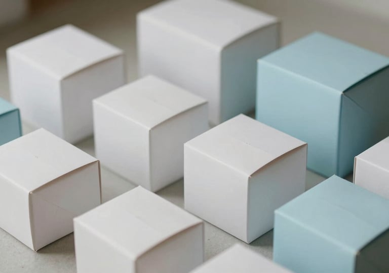 Assorted consumer goods neatly packaged in minimalist white and pale blue boxes. Natural lighting, studio photography, clean aesthetic reflecting high-quality distribution.