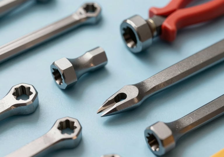 Close-up of high-quality industrial steel tools arranged on a pale blue surface. The lighting is sharp and technical, emphasizing the durability and quality of the materials. Professional, clean composition.