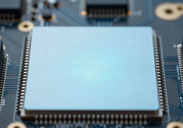 A sleek, modern electronic circuit board with pale blue glowing elements. Macro photography with a shallow depth of field, emphasizing high-tech precision. Minimalist and clean.
