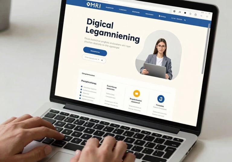 A person using a laptop with a clean, modern user interface in a bright professional workspace. The screen displays a digital learning platform with off-white and medium blue tones. Global / English-speaking.