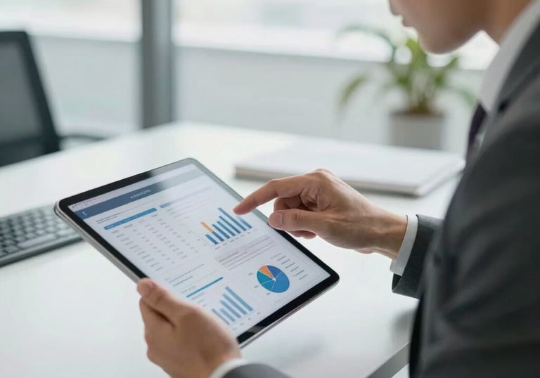 A professional in a sharp suit using a high-definition tablet to analyze strategic data in a bright, modern office. The image reflects confidence, trust, and intelligence. Global / English-speaking context.