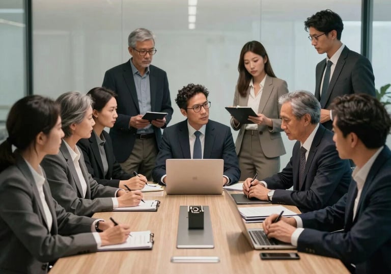 A group of diverse professionals in business attire collaborating in a sleek, high-tech meeting room. The atmosphere is serious yet innovative. Global / English-speaking.
