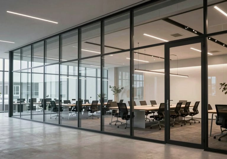 A wide, bright view of a modern production office with glass walls, showcasing a sleek meeting area in a Northern European architectural style.