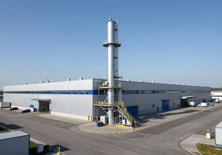 A wide shot of a modern industrial logistics hub, representing the trade flow between nations. Clean lines, steel blue sky, and professional atmosphere. Central European / Polish-Romanian context.