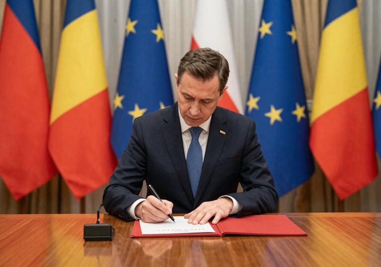 Photography of a formal diplomatic signing ceremony at a mahogany table. Flags of Romania and Poland are visible in the background. The lighting is soft and professional. Central European / Polish-Romanian context.