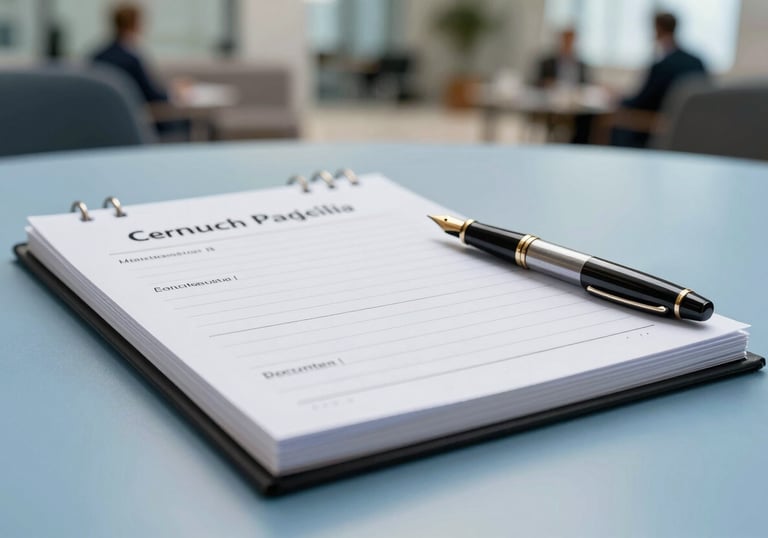 A close-up photograph of a professional meeting agenda and a fountain pen on a clean, light blue surface. The background shows a blurred view of a formal business lounge. Central European / Polish-Romanian setting.