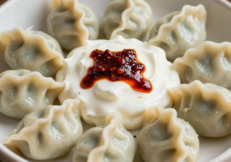 A traditional bowl of handmade Turkish Mantı dumplings topped with garlic yogurt and a drizzle of red pepper butter, warm lighting, natural styling
