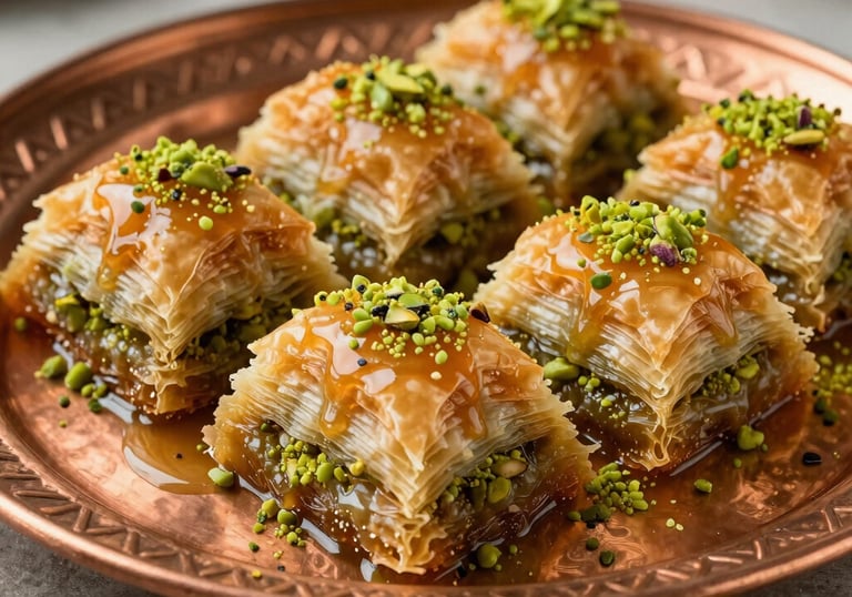 Golden flaky Baklava topped with crushed green pistachios, glowing with syrup, arranged on a traditional copper plate, warm natural light