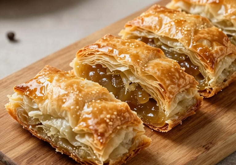 Freshly baked golden Turkish Börek cut into slices on a wooden board, flaky pastry, rustic setting, soft appetizing lighting