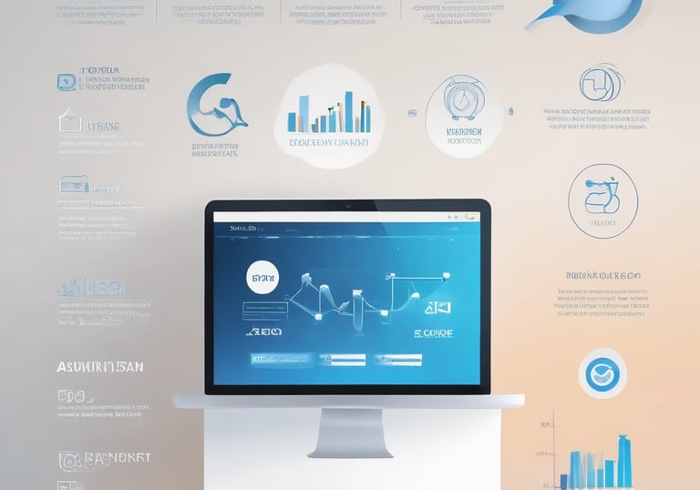 A sleek laptop screen displaying SEO analytics and upward trending graphs.
